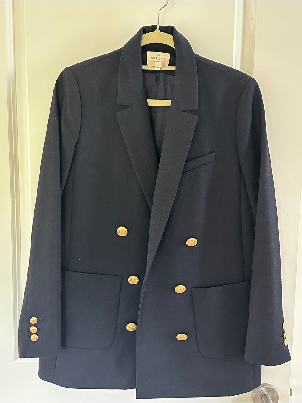 Sézane Navy Double-Breasted Blazer with Gold Buttons